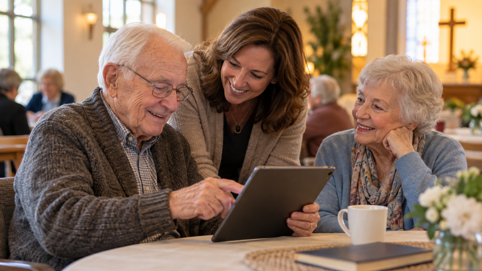 A volunteer helping two older adults record a story on a tablet
