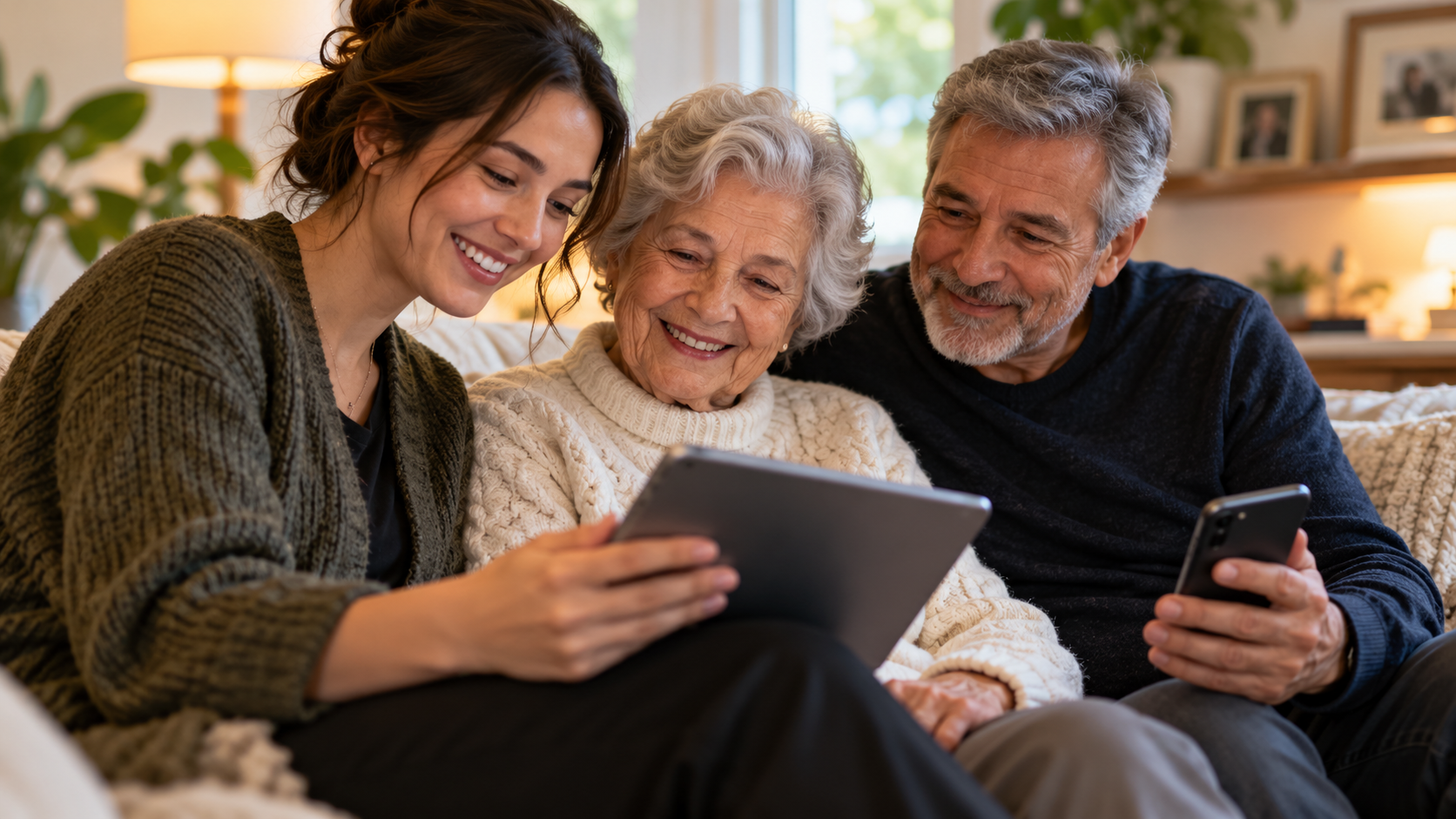 Three generations sharing stories on a tablet and phone
