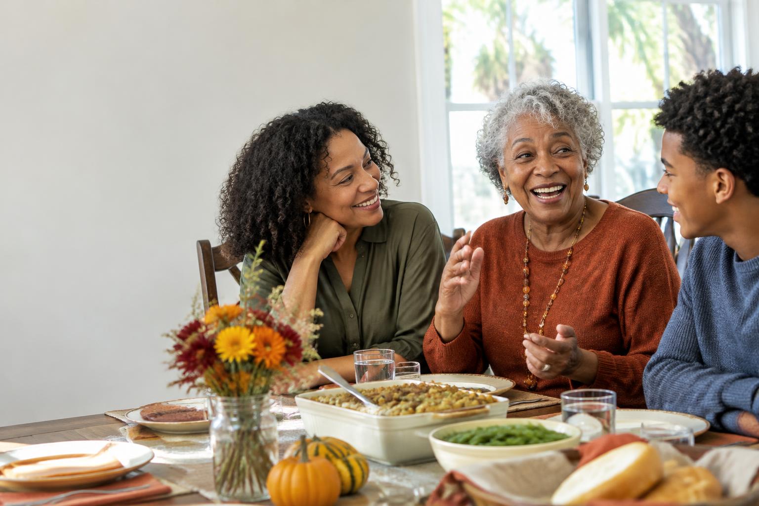Three generations sharing a joyful family story around the holiday table